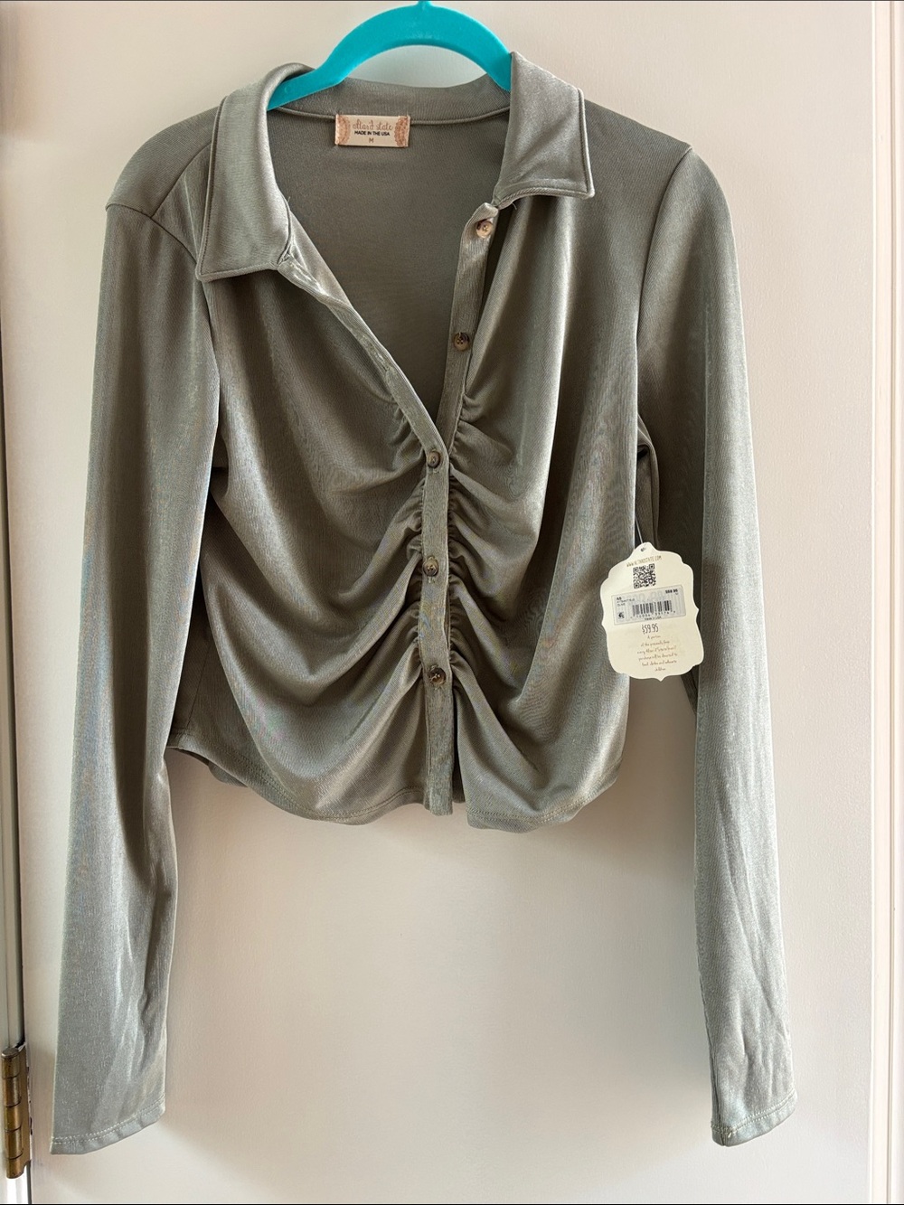 NWT Altar'd State Sage Green Ruched Button-Front Collared Top